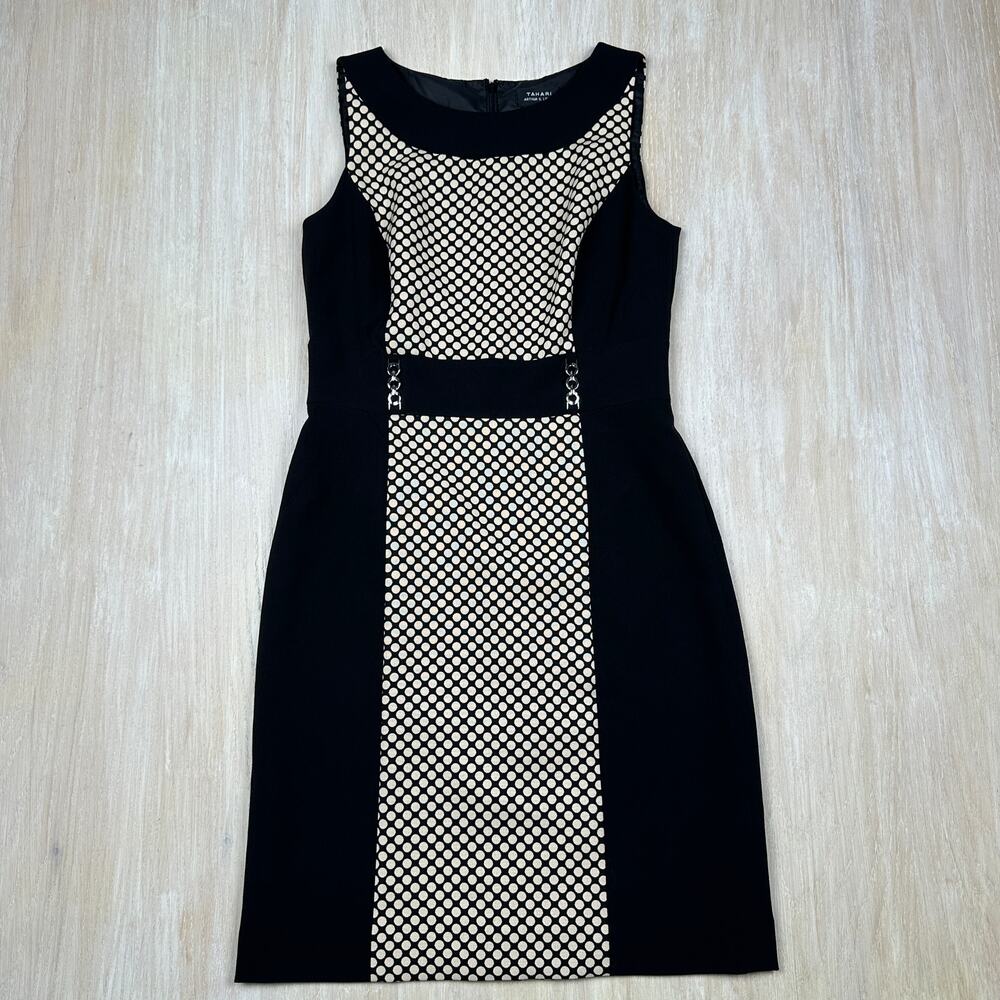Tahari ASL Sleeveless Cream Black Lined Polkadot Career Workwear Lined Dress 6